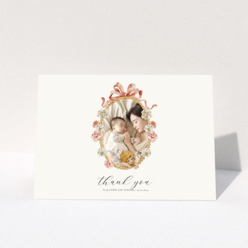Floral baby thank you card with one photo.