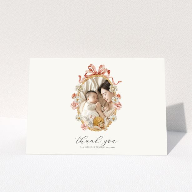 Floral baby thank you card with one photo.