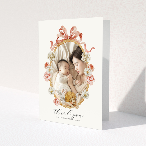 Floral baby thank you card with one photo.