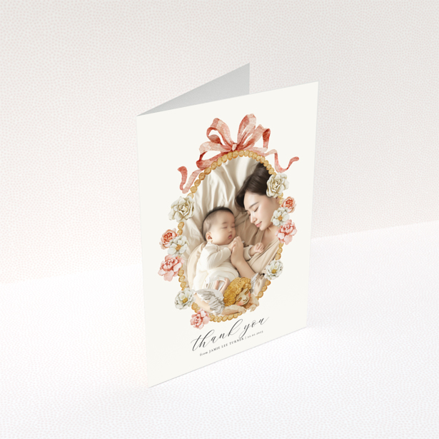 Floral baby thank you card with one photo.