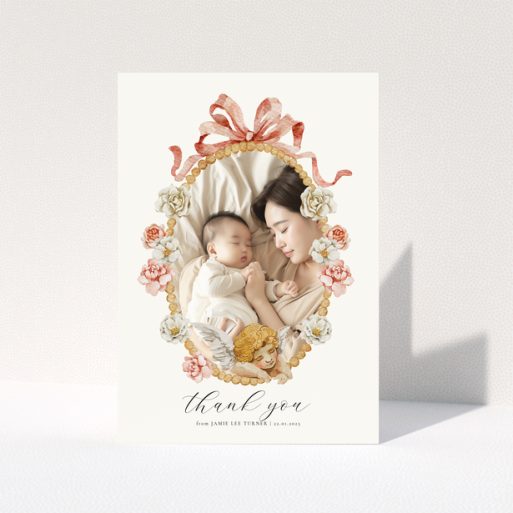 Floral baby thank you card with one photo.