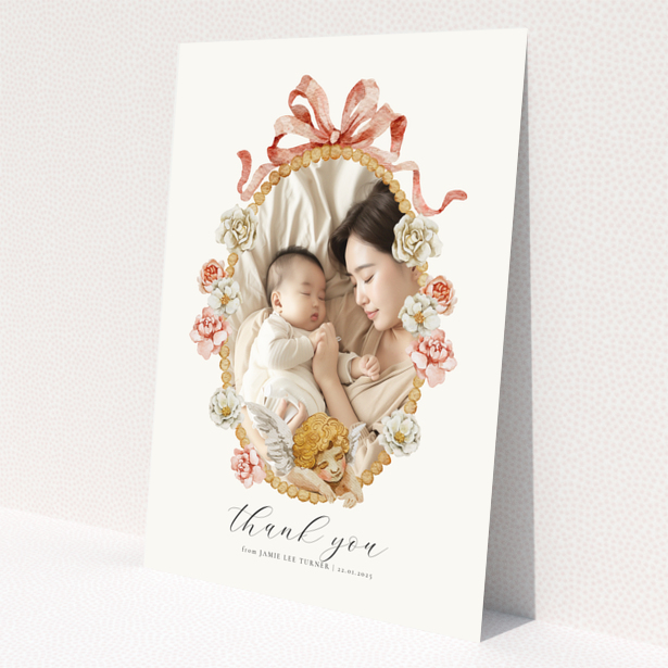 Floral baby thank you card with one photo.