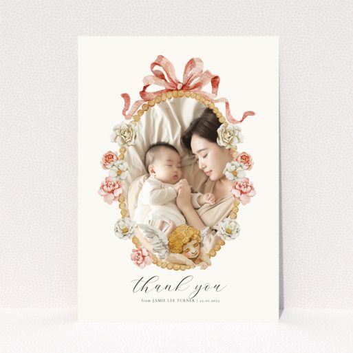 Floral baby thank you card with one photo.