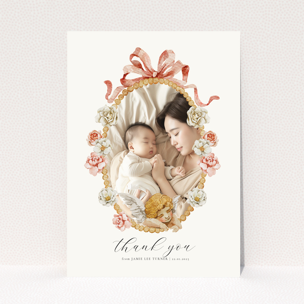 Floral baby thank you card with one photo.