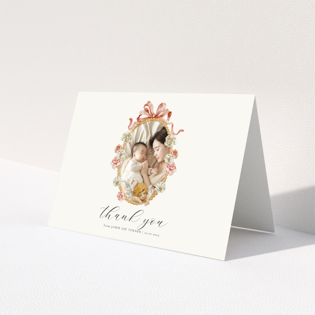 Floral baby thank you card with one photo.