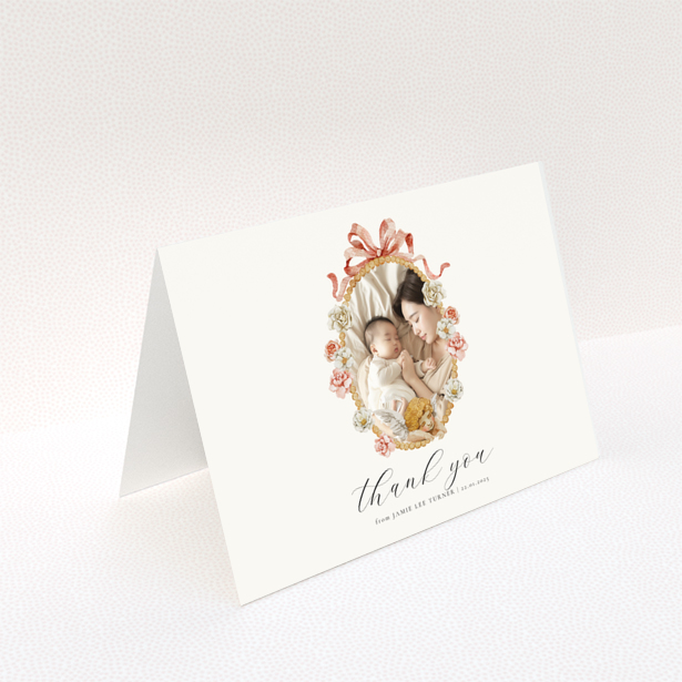 Floral baby thank you card with one photo.