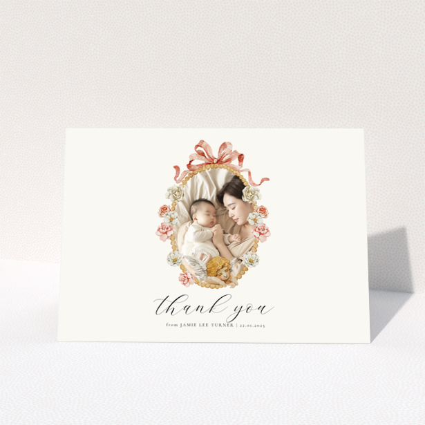 Floral baby thank you card with one photo.