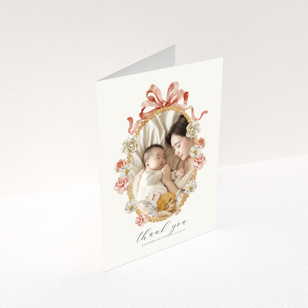 Floral baby thank you card with one photo.