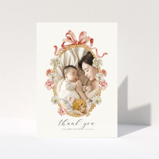 Floral baby thank you card with one photo.