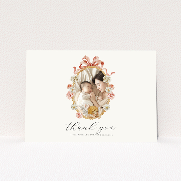 Floral baby thank you card with one photo.