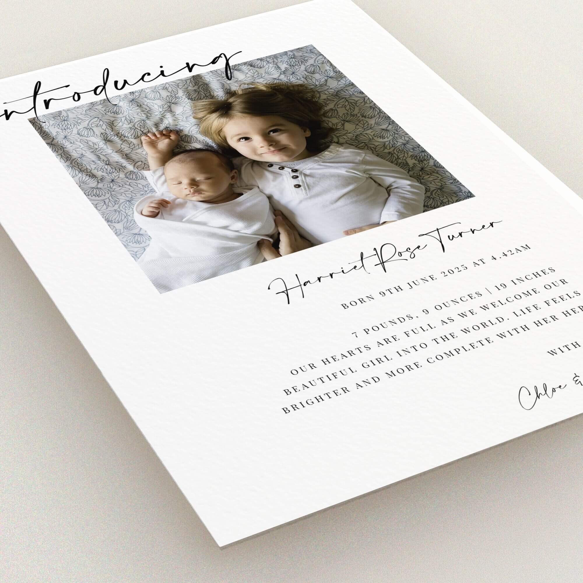 Birth announcement card design with one photo featuring siblings for personalised printing