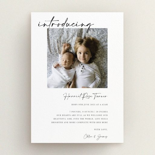 Birth announcement card design with one photo featuring siblings for personalised printing
