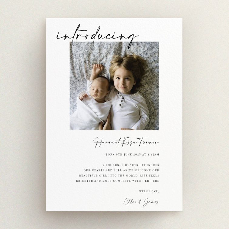 Birth announcement card design with one photo featuring siblings for personalised printing