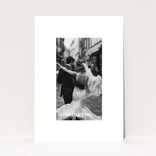 Wedding thank you card with one photo of a newlywed couple dancing.