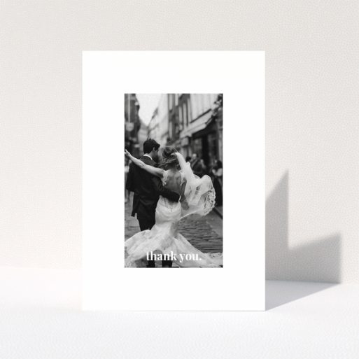 Wedding thank you card with one photo of a newlywed couple dancing.