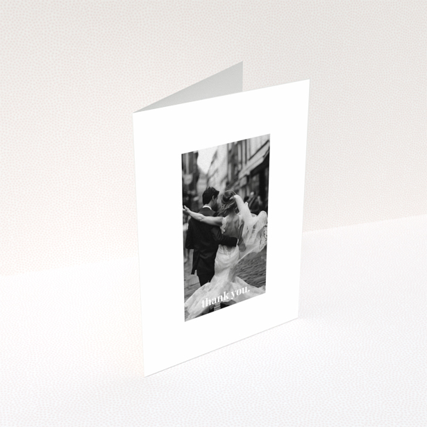 Wedding thank you card with one photo of a newlywed couple dancing.