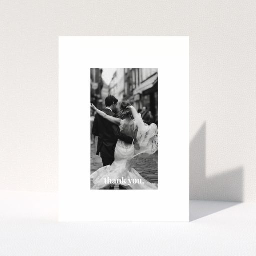 Wedding thank you card with one photo of a newlywed couple dancing.