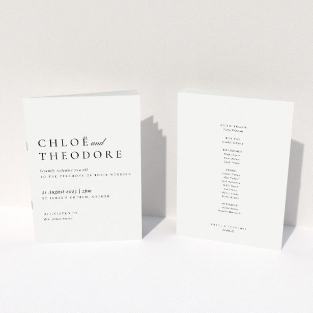 Chic Script Simplicity A5 Wedding Order of Service booklet - Modern minimalism with clean white background and bold black script typography, offering a sleek and stylish guide to the wedding service This image shows the front and back sides together