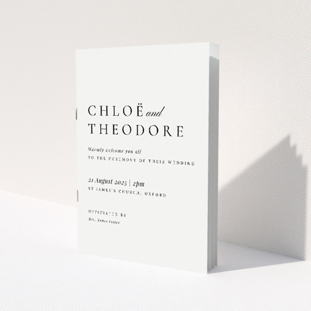 Chic Script Simplicity A5 Wedding Order of Service booklet - Modern minimalism with clean white background and bold black script typography, offering a sleek and stylish guide to the wedding service This is a view of the front