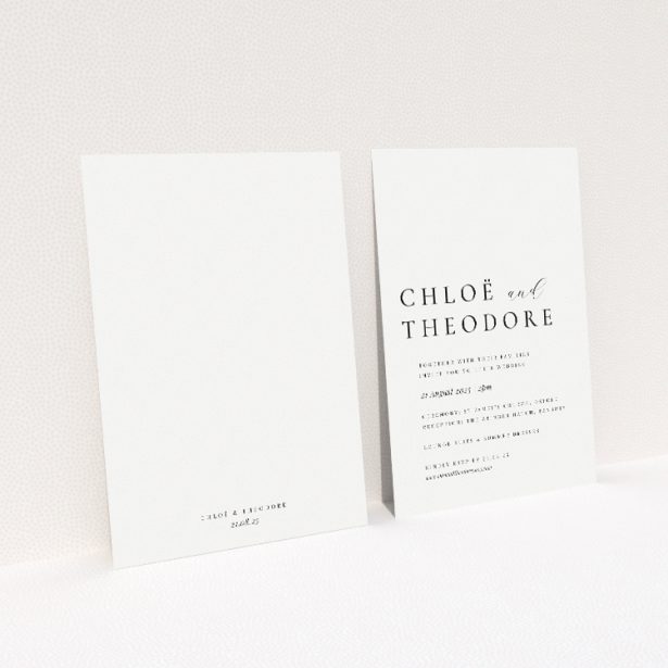 Chic Script Simplicity wedding invitation - A5 portrait, minimalist design with clean black script on crisp white background. This image shows the front and back sides together