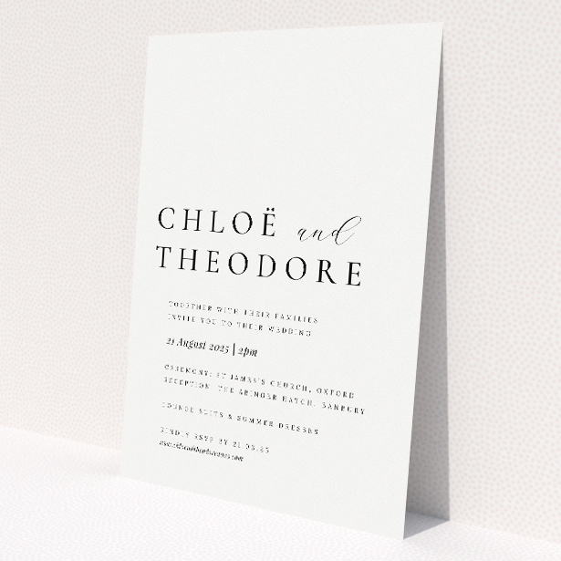 Chic Script Simplicity wedding invitation - A5 portrait, minimalist design with clean black script on crisp white background. This is a view of the front