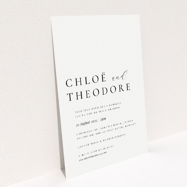 Chic Script Simplicity wedding invitation - A5 portrait, minimalist design with clean black script on crisp white background. This image shows the front and back sides together