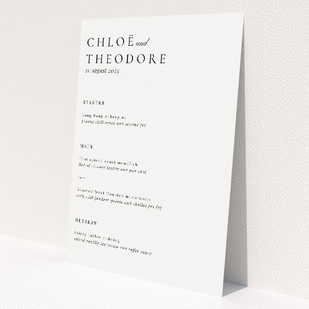 Chic Script Simplicity wedding menu template - minimalist charm, modern sophistication, clean lines, classic typography - ideal for chic weddings This is a view of the front