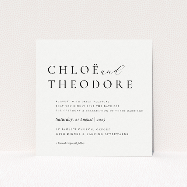 Chic Script Simplicity Wedding Save the Date Card Template - Modern Elegance with Classic Script Typeface. This is a view of the front