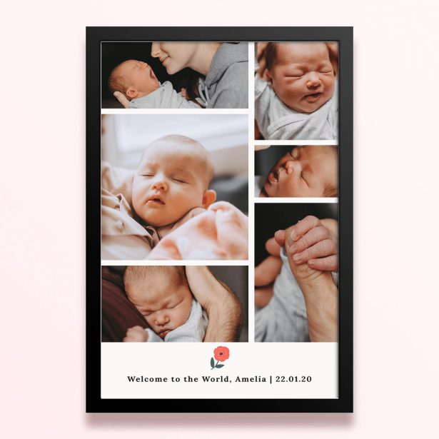 Simple framed prints designs featuring six photos of a newborn baby.