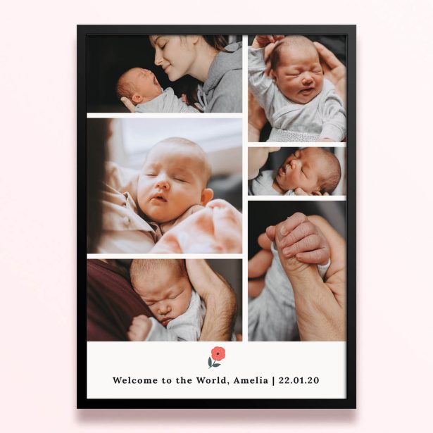 Simple framed prints designs featuring six photos of a newborn baby.