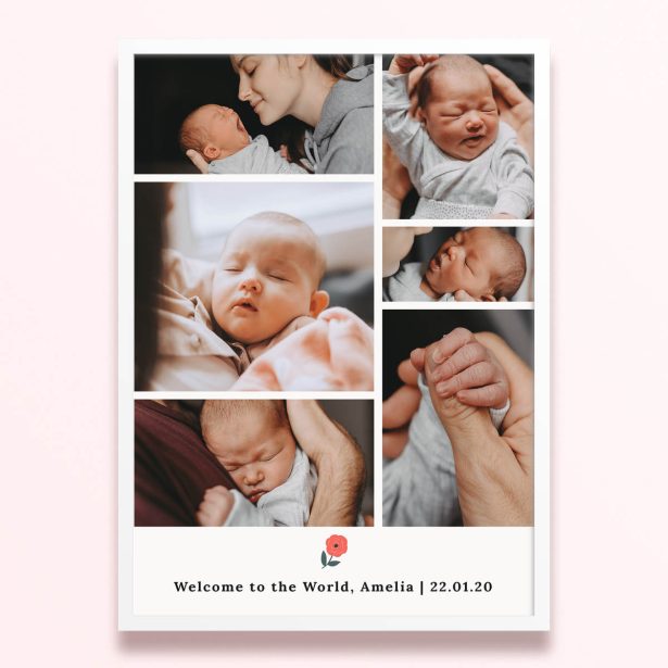 Simple framed prints designs featuring six photos of a newborn baby.