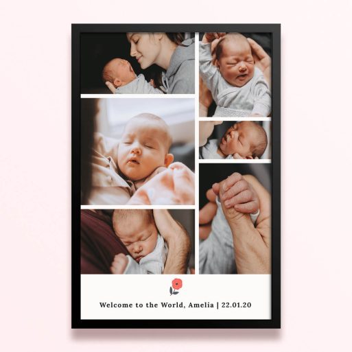 Simple framed prints designs featuring six photos of a newborn baby.