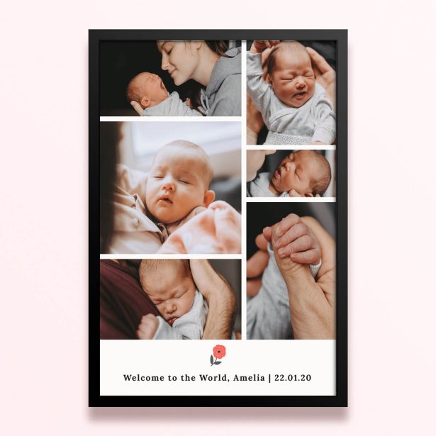 Simple framed prints designs featuring six photos of a newborn baby.