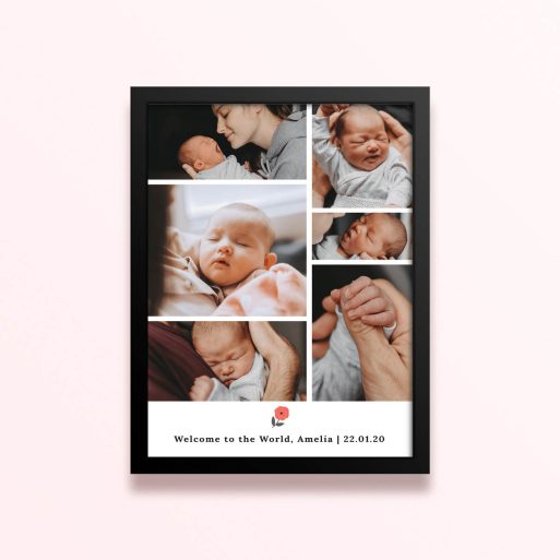 Simple framed prints designs featuring six photos of a newborn baby.