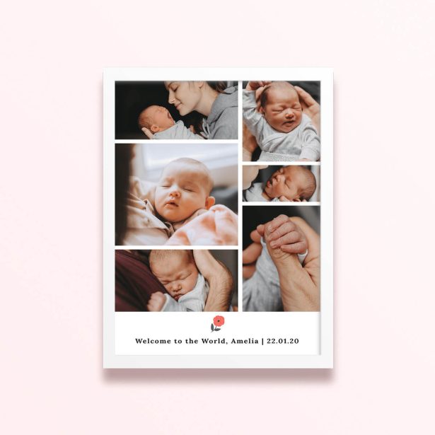 Simple framed prints designs featuring six photos of a newborn baby.