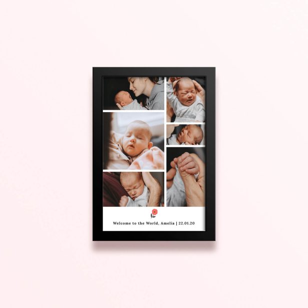 Simple framed prints designs featuring six photos of a newborn baby.