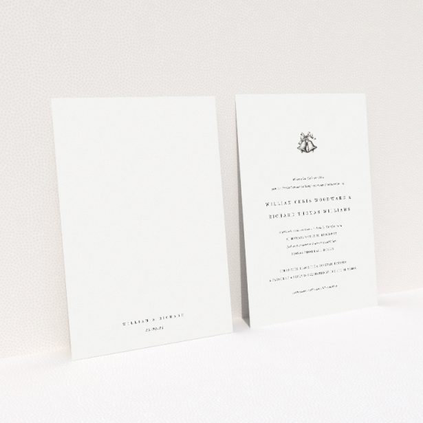 Chiming personalised wedding invitation featuring clean white backdrop with intricately detailed bell icon symbolising harmonious unity. This image shows the front and back sides together