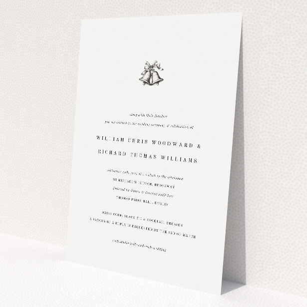 Chiming personalised wedding invitation featuring clean white backdrop with intricately detailed bell icon symbolising harmonious unity. This is a view of the front