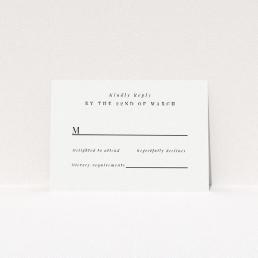 RSVP card from the 'Chiming' wedding stationery suite, featuring understated elegance with a monochromatic palette and refined simplicity. Ideal for couples seeking a blend of classic style and modern minimalism, setting the tone for a memorable celebration This is a view of the front