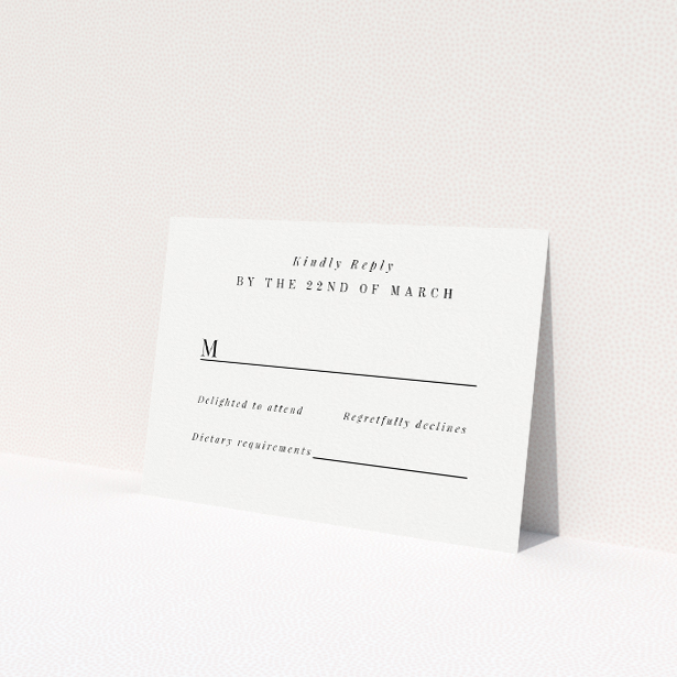 RSVP card from the 'Chiming' wedding stationery suite, featuring understated elegance with a monochromatic palette and refined simplicity. Ideal for couples seeking a blend of classic style and modern minimalism, setting the tone for a memorable celebration This is a view of the front