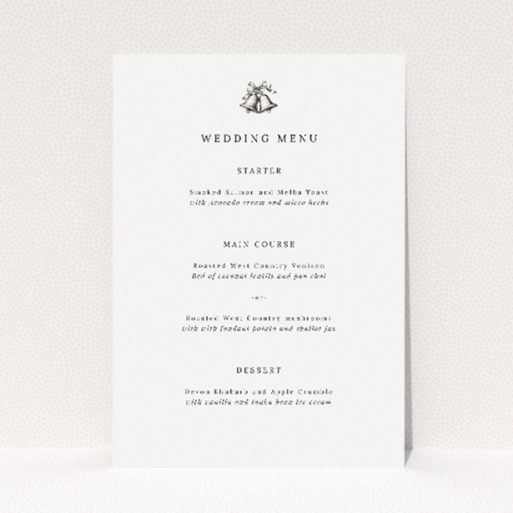 Chiming wedding menu featuring understated sophistication with a classic monochromatic theme, clean lines, and a single bell icon symbolizing unity, perfect for couples seeking a blend of classic style and modern minimalism for their nuptials This is a view of the front