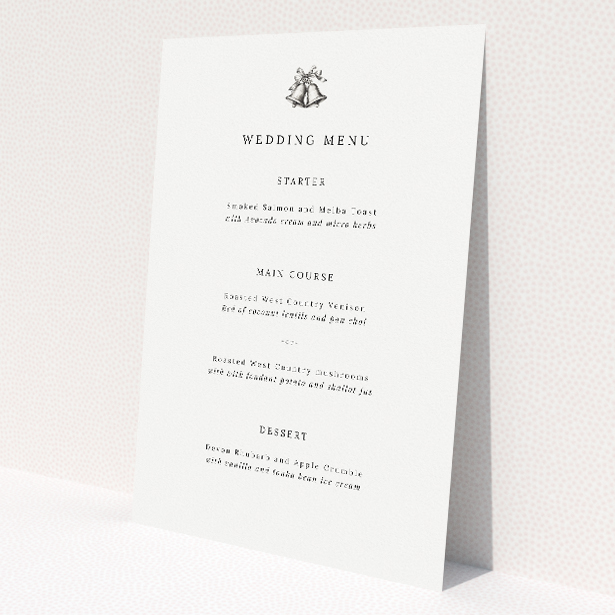 Chiming wedding menu featuring understated sophistication with a classic monochromatic theme, clean lines, and a single bell icon symbolizing unity, perfect for couples seeking a blend of classic style and modern minimalism for their nuptials This is a view of the front