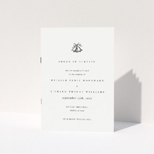 "Chiming wedding order of service booklet featuring elegant bell illustration symbolising union's harmony and celebration, ideal for modern couples seeking minimalist sophistication in presenting their day's proceedings.". This is a view of the front