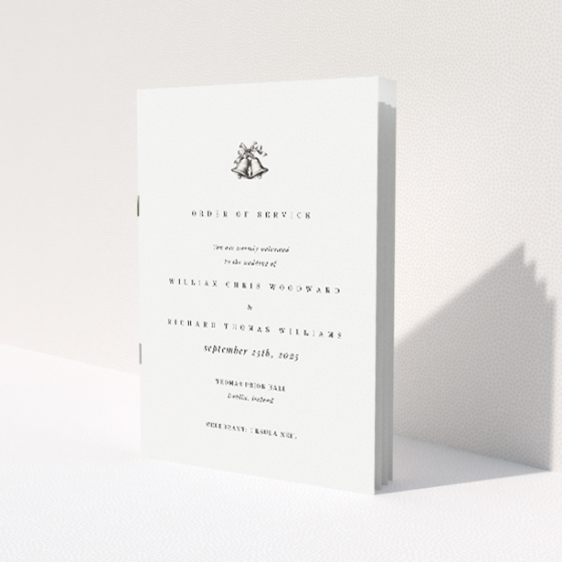 'Chiming wedding order of service booklet featuring elegant bell illustration symbolising union's harmony and celebration, ideal for modern couples seeking minimalist sophistication in presenting their day's proceedings.'. This is a view of the front