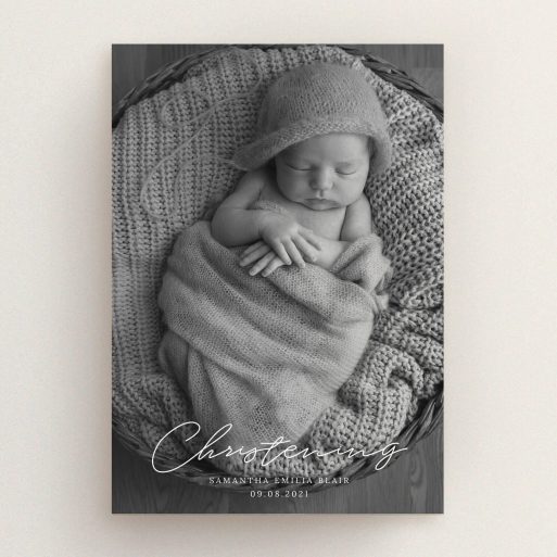 Christening Invitation Design - "Across the Photo" A christening invitation design called "Across the Photo". It is an A5 invite in a portrait orientation. It is a photographic christening invitation with room for 1 photo. "Across the Photo" is available as a flat invite, with mainly white colouring.