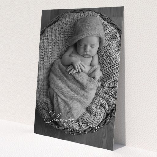 A christening invitation design called 'Across the Photo'. It is an A5 invite in a portrait orientation. It is a photographic christening invitation with room for 1 photo. 'Across the Photo' is available as a flat invite, with mainly white colouring.