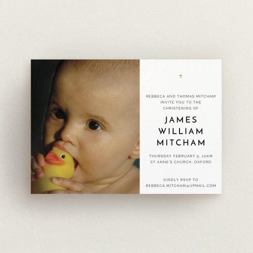 Christening Invitation Design - "Baby Cross" A christening invitation design named "Baby Cross". It is an A6 invite in a landscape orientation. It is a photographic christening invitation with room for 1 photo. "Baby Cross" is available as a flat invite, with tones of white and gold.
