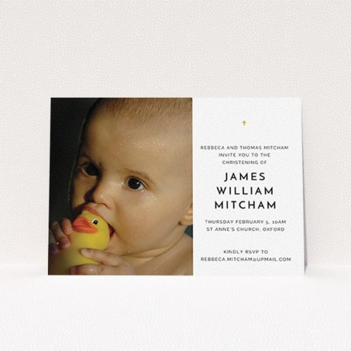 A christening invitation design named "Baby Cross". It is an A6 invite in a landscape orientation. It is a photographic christening invitation with room for 1 photo. "Baby Cross" is available as a flat invite, with tones of white and gold.