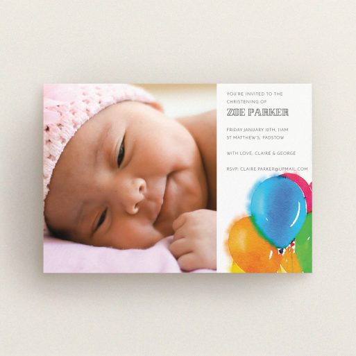 Christening Invitation Design - "Big Balloons" A christening invitation design called "Big Balloons". It is an A6 invite in a landscape orientation. It is a photographic christening invitation with room for 1 photo. "Big Balloons" is available as a flat invite, with tones of white, orange and blue.