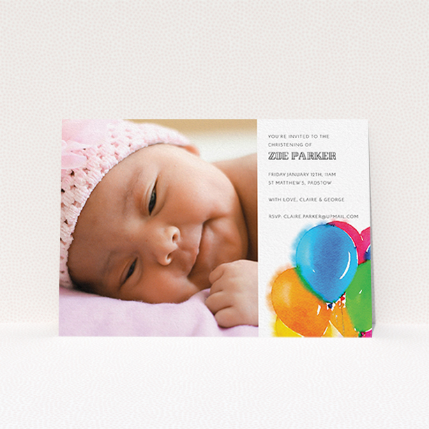 A christening invitation design called "Big Balloons". It is an A6 invite in a landscape orientation. It is a photographic christening invitation with room for 1 photo. "Big Balloons" is available as a flat invite, with tones of white, orange and blue.